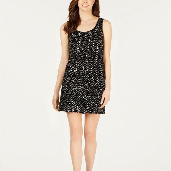 Calvin Klein Sleeveless Sequin Sheath Dress Scooped Back Black Silver 2 Mini Y2K - Picture 10 of 10
